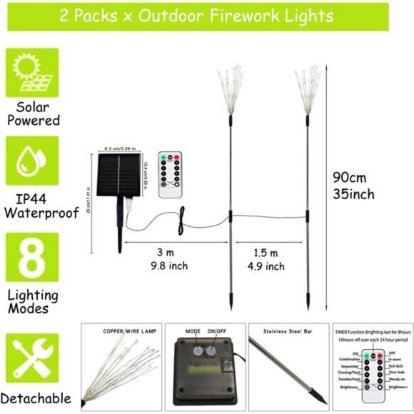 2 Packs x120 LED Solar Firework Lights with Remote, 8 Lighting Twinkle Modes - Picture 3 of 7